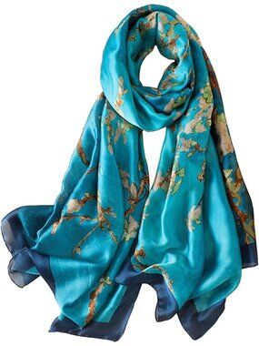 Women's Blue Lightweight Silk Like Scarves Flower Print Head Cotton Wrap Scarf